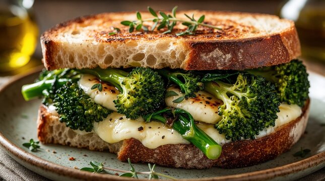 Grilled broccoli rabe sandwich with provolone cheese on crusty bread. This savory vegetarian meal is served in a restaurant, featuring tender greens and melted cheese for a delicious bite.