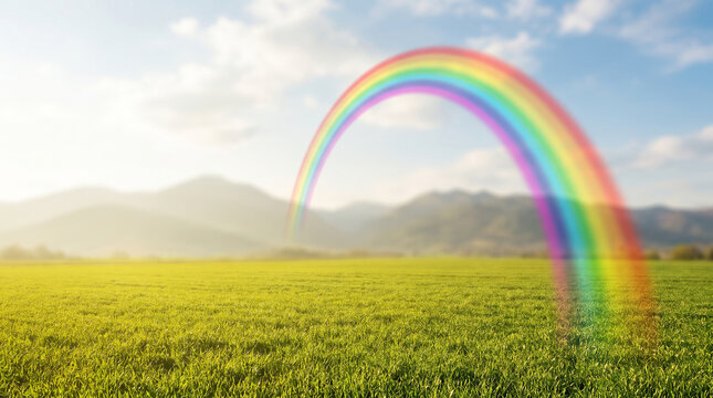 Vibrant rainbow arching over green grass field with distant mountains.