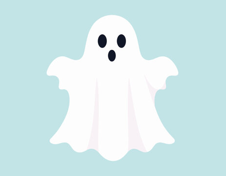 A cute, cartoon-like ghost with a sheet-like body, two black eyes, and an open mouth is depicted against a light blue background isolated