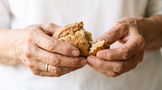 Broken Bread in Aged Hands: Close-up shot of weathered, wrinkled hands, wearing a wedding ring, breaking apart a crusty loaf of bread, symbolizing sustenance and tradition.