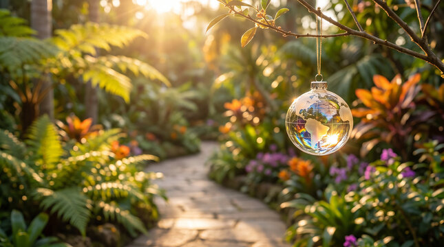 Glass earth ornament hanging in lush garden with bright sun flares.