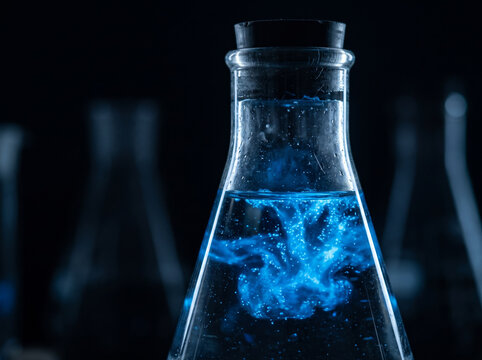 Glowing Blue Bioluminescent Liquid Inside Laboratory Glass Erlenmeyer Flask