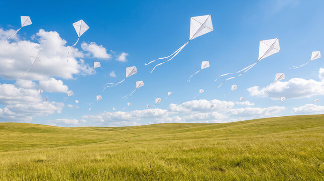 Many white kites flying in blue sky with clouds over green grassy hills.