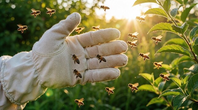 Beekeeper wears protective glove in garden during sunset. Many honey bees fly around hand, land on white fabric. Apiary worker manages bee colony near green plants under warm sunlight. Nature
