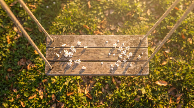 Wooden swing seat covered with white petals in park with sunlight.