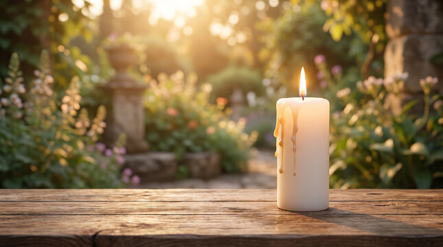 Burning white candle on rustic wooden table in sunny outdoor garden.