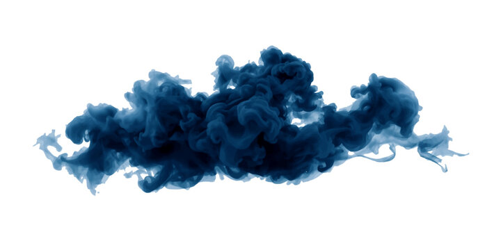 Abstract dark blue ink cloud swirling in water isolated on white background with flowing smoke texture, deep blue liquid pigment plume and dynamic artistic motion effect.