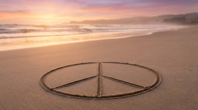 Peace sign drawn on wet sand at sunset represents harmony and zen ocean.