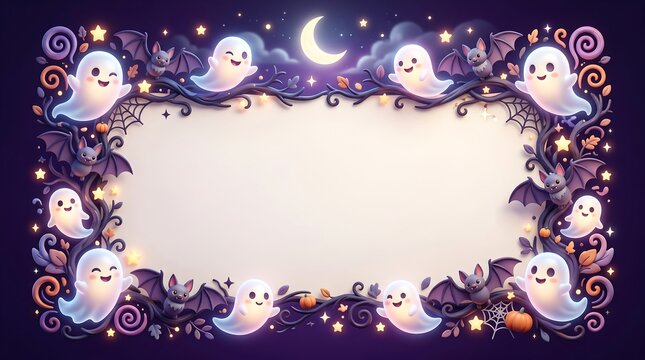 Cute cartoon ghost border frame with bats and moon for halloween party invitation template