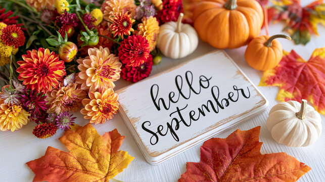 Warm hello september welcome sign surrounded by vibrant fall flowers small pumpkins and colorful leaves bright clean background cozy seasonal arrangement warm color palette bright