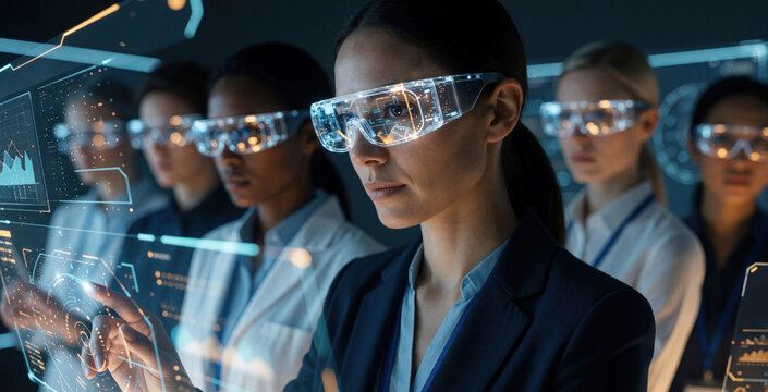 Team of scientists uses augmented reality glasses to interact with a futuristic digital interface. Women analyze data and graphs, advancing science and technology.