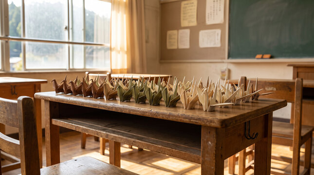 Origami paper cranes sit in rows on wooden desk in empty school room.