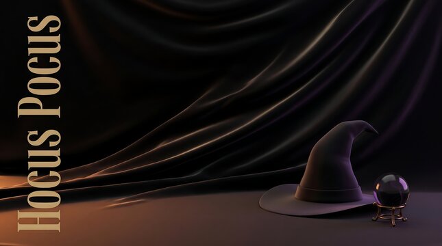 Halloween hocus pocus text with witch hat and crystal ball on dark background