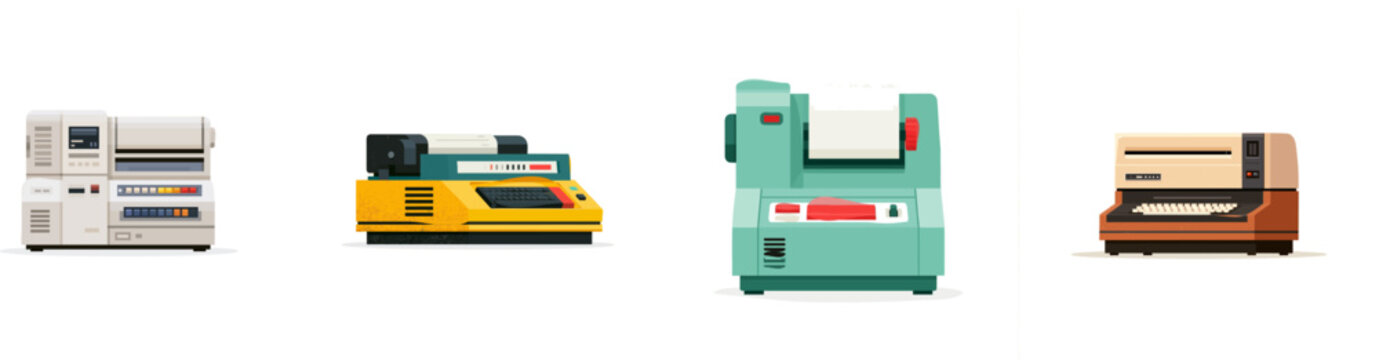 A premium, colorful flat vector icon of an exclusive vintage microfiche reader machine for archives features vibrant colors, a modern UI style, minimalist design, and is isolated on a pure white