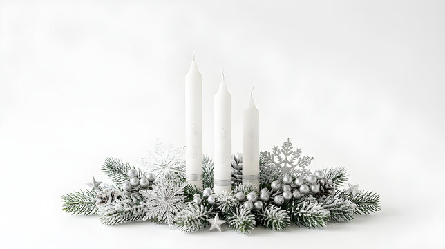 Elegant white Christmas candles with subtle silver details surrounded by frosted evergreen sprigs, crystalline snowflakes, silver berries and delicate stars, refined winter holiday stationery 