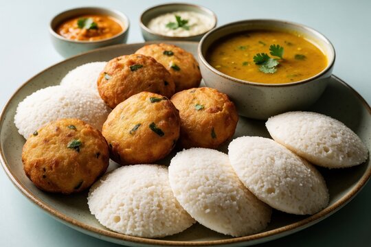 Indian idli and vada served with sambar and chutney on plate. South Indian tiffin meal is healthy, delicious, and perfect for breakfast, lunch, or dinner.