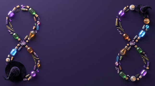 Number eight composed of various colorful small tech items and electronic components on purple