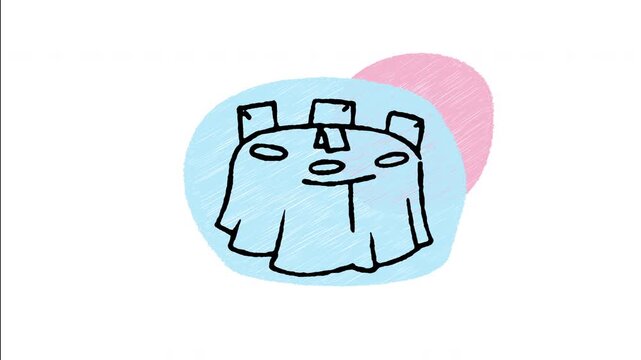 An animated hand-drawn round wedding banquet table set for a reception feast. Ideal for wedding party planning, catering services, reception dinners, event seating, and celebration halls. 