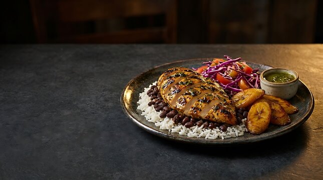 A delicious plate of traditional comida cubana featuring grilled chicken with black beans, rice, and fried plantains
