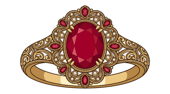 Vintage ruby ring vector illustration, antique gold jewelry with red gemstone, ornate filigree engagement ring, luxury royal accessory