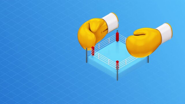 Isometric animation of yellow boxing gloves above a fighting ring.