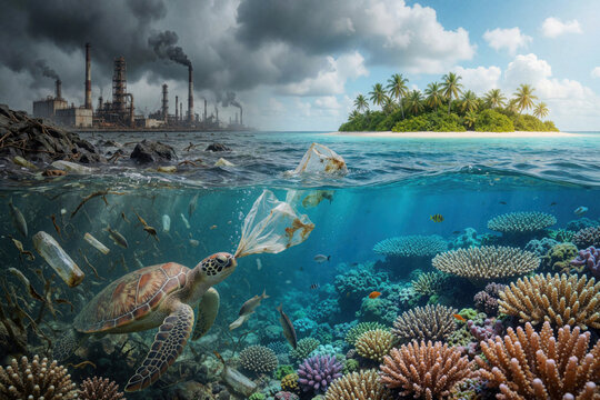 Sea turtle swims through plastic rubbish near factory smokestacks. Coral reef with fish contrasts with polluted ocean water. Tropical island appears in distance.