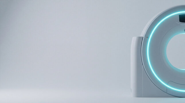 Cardiac CT scanner machine in a sterile clinical room with glowing blue light, 3D rendering