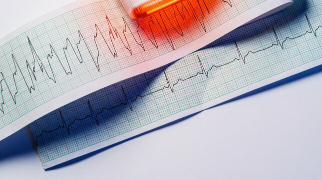 Electrocardiogram paper strips showing different heart rhythms and cardiac activity