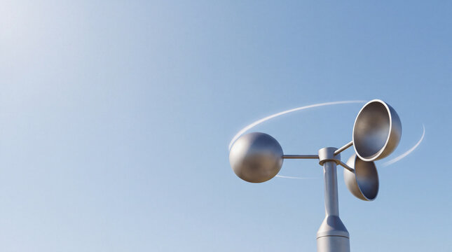 Cup anemometer measuring wind speed against clear blue sky, meteorological weather instrument
