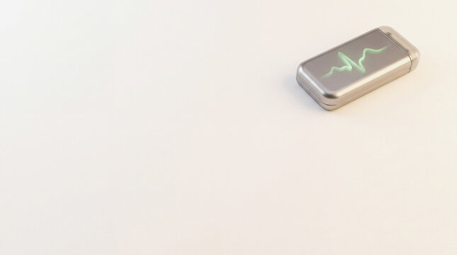 Implantable loop recorder monitor with glowing heart rhythm wave on white surface, 3D rendering