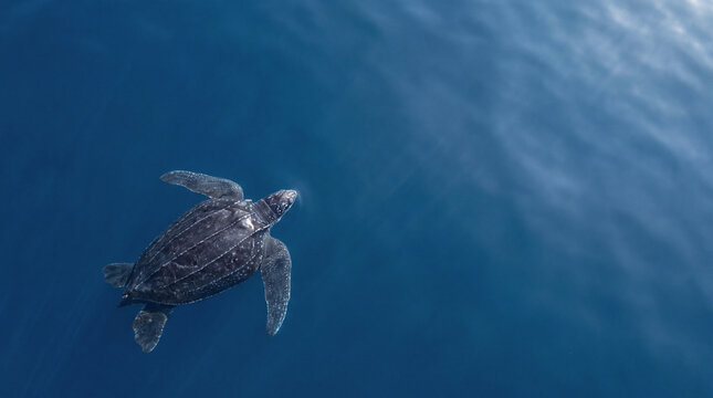 Leatherback sea turtle swimming alone in deep blue ocean water from high angle shot