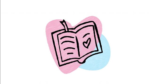 An animated hand-drawn open guest book journal featuring a heart on its cover. Perfect for wedding memory logs, guest sign-in books, marriage keepsakes, and event attendance registers. 