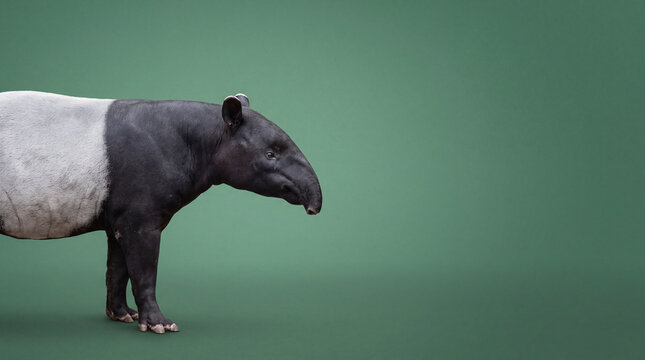 Malayan tapir standing in side profile against a solid green background