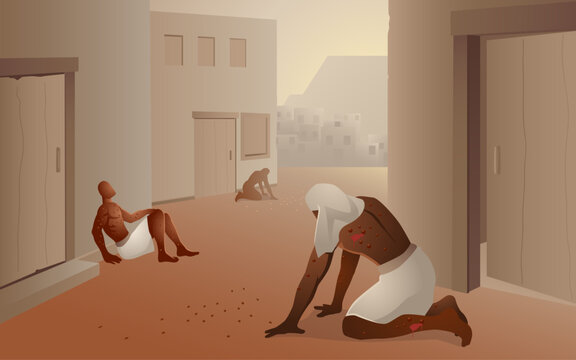 Biblical vector illustration series in neutral colors, the ten plagues of Egypt, sixth plague, plague of boils, Deuteronomy 28 27