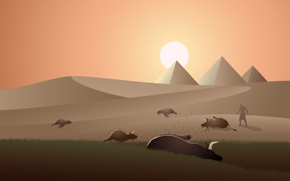 Biblical vector illustration series in neutral colors, the ten plagues of Egypt, fifth plague, plague of livestock