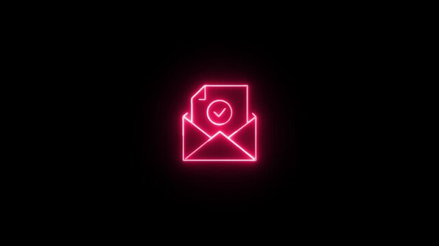 Glowing pink neon envelope with checkmark document animation on black, digital communication, email confirmation, or success approval