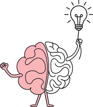 brain cartoon character holding an empty unlit light bulb balloon, conceptual flat vector illustration of brainstorming, thinking process, mental fitness, and inspiration, isolated on white background