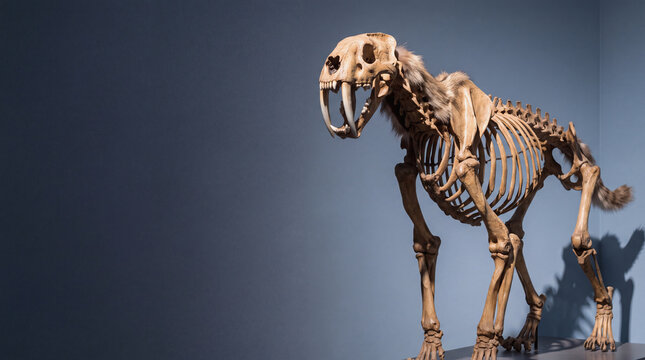 Sabertooth cat skeleton standing against a neutral grey wall in natural museum exhibit lighting