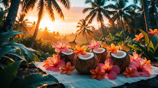 Tropical coconuts with colorful flowers and pineapple pieces sit on a cloth during a vibrant sunset. Palm trees line the background of this island paradise scene, creating a perfect vacation vibe.