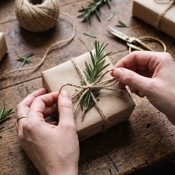 Person wrapping a sustainable holiday present with craft paper, twine, and greenery.