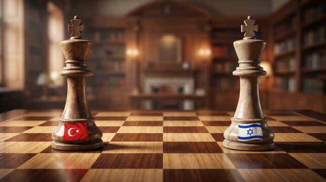 Two chess kings facing off with Turkish, Israeli flags in diplomatic room