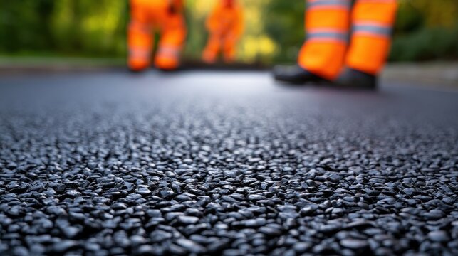 Worker laying asphalt on road surface construction