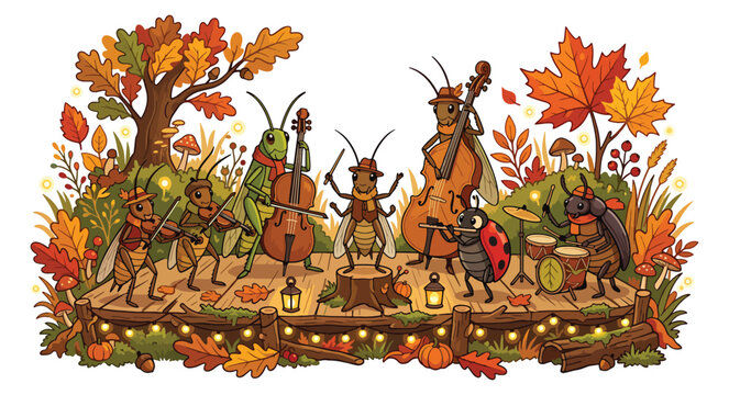 Insect band performing music on wooden stage with autumn leaves and string lights.