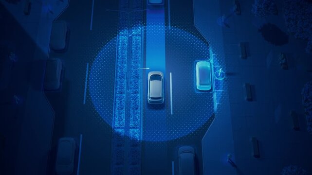 3D Animation Illustrating Technology, Radars, Sensors for Autonomous Vehicle. Top View of Driverless Car Driving Through City Streets and Scanning Environment. Autonomous AI-Powered Self-Driving Taxi