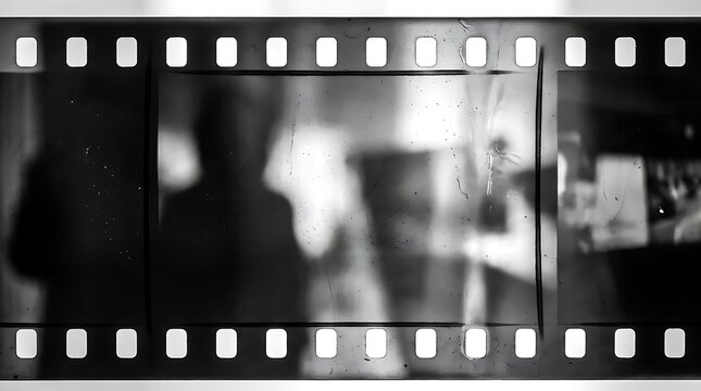 Vintage black and white photographic film strip with dust and scratches