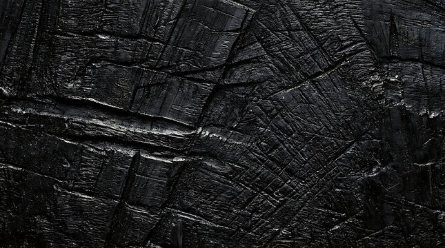 Detailed closeup view of dark black textured burnt wood surface