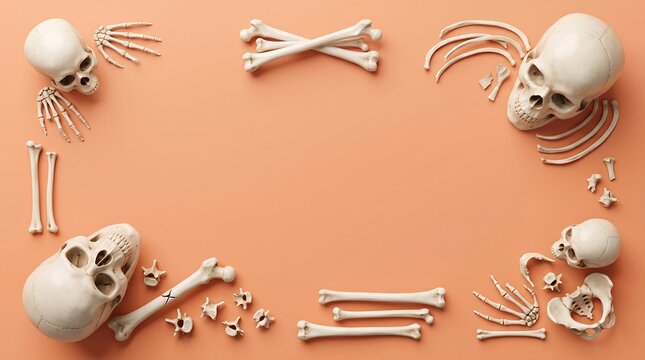 Human skull and bones frame arranged on a plain light brown background for halloween design
