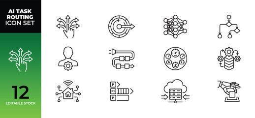 Fototapeta premium Ai task routing icon set featuring outline symbols for automation technology and artificial intelligence processes AI process network diagram system workflow data management vector icons
