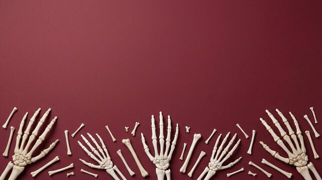 Multiple human skeleton hand bones pattern on dark red textured background flat lay view