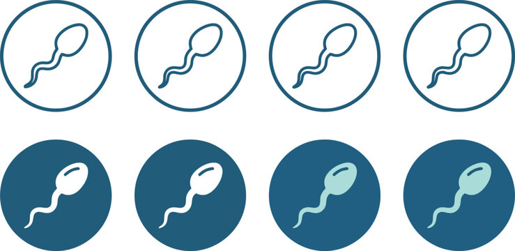 Set of eight sperm cell icons in circular frames with simple blue and green color scheme